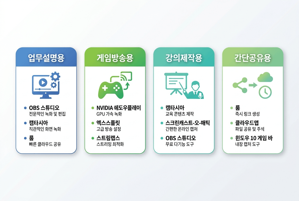 용도별 화면 녹화 도구 추천 인포그래픽