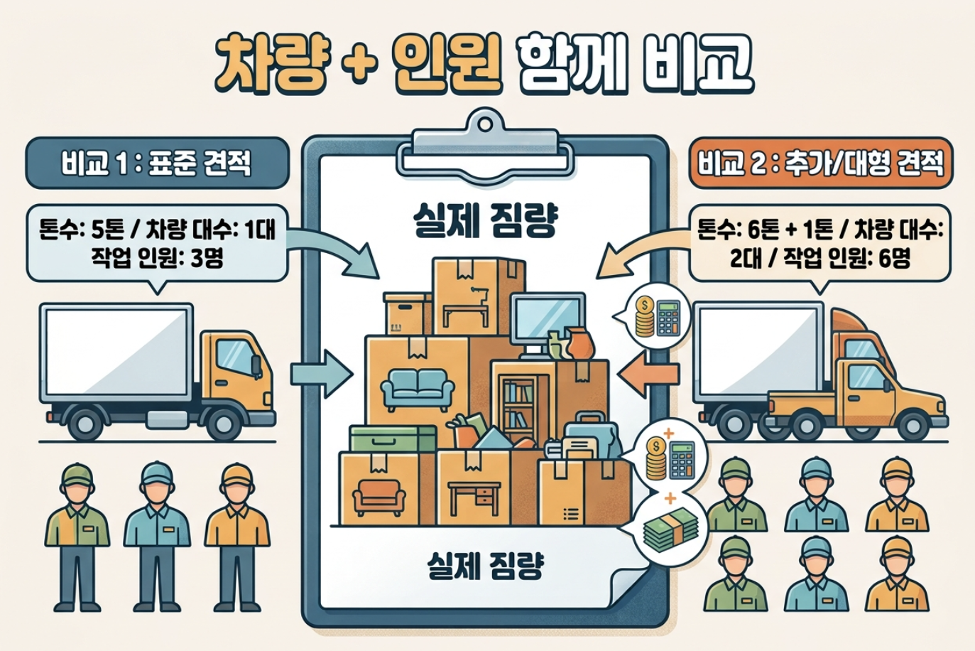 이사 방문견적에서 차량 톤수와 작업인원을 함께 비교하는 이미지