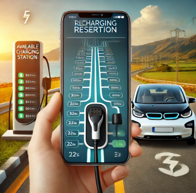 스마트폰에 충전 예약 시스템이 표시되어 있으며, 경치 좋은 도로와 충전소 근처에 주차된 차량이 표시되어 있습니다.