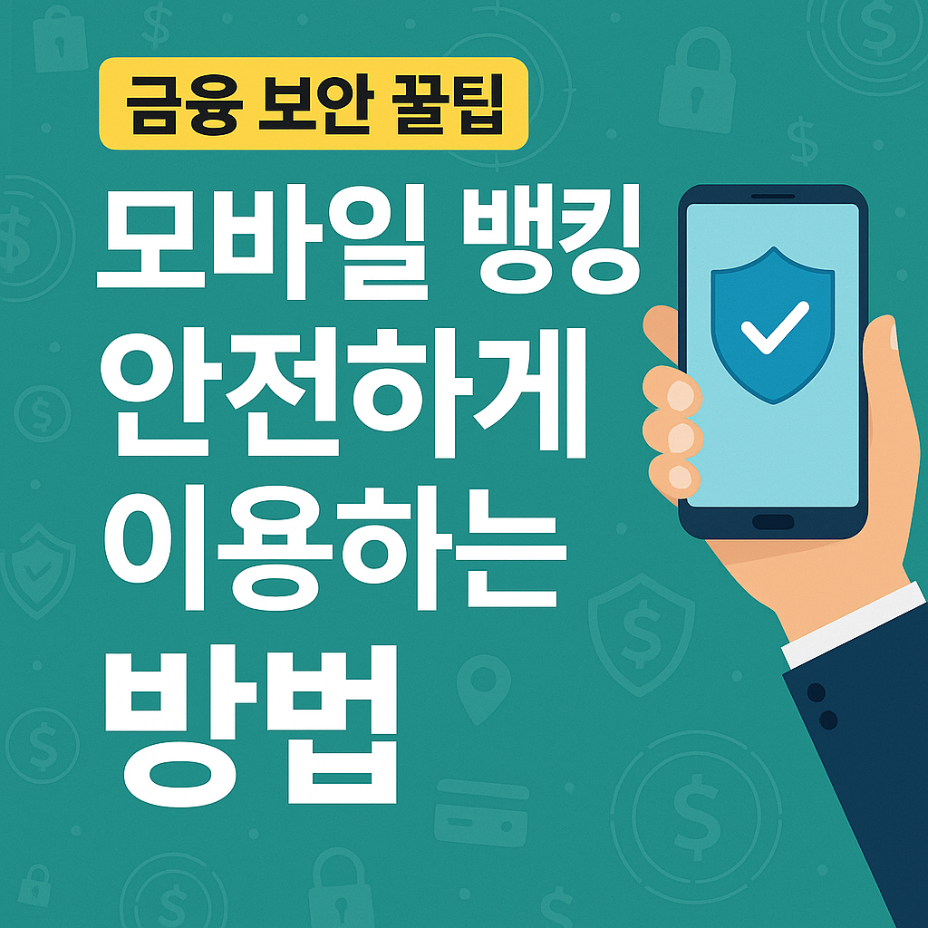 모바일 뱅킹 보안을 주제로 한 한국어 디지털 썸네일 이미지. ‘모바일 뱅킹 안전하게 이용하는 방법’ 문구와 함께 스마트폰과 자물쇠 아이콘이 시각적으로 강조되어 금융 보안 주제를 직관적으로 전달함