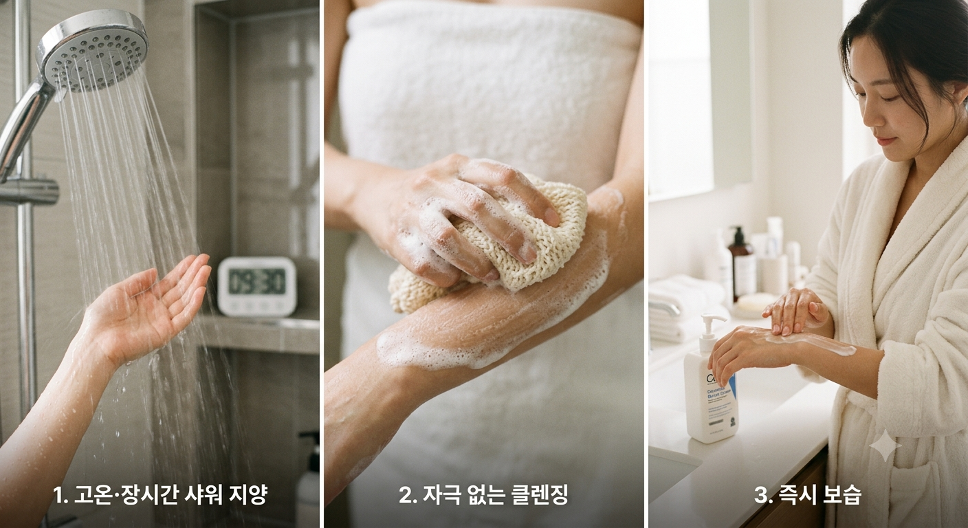 미지근한 물 샤워부터 자극 없는 세정, 샤워 직후 5분 이내 보습까지! 건강한 피부 장벽을 만드는 올바른 샤워 가이드.