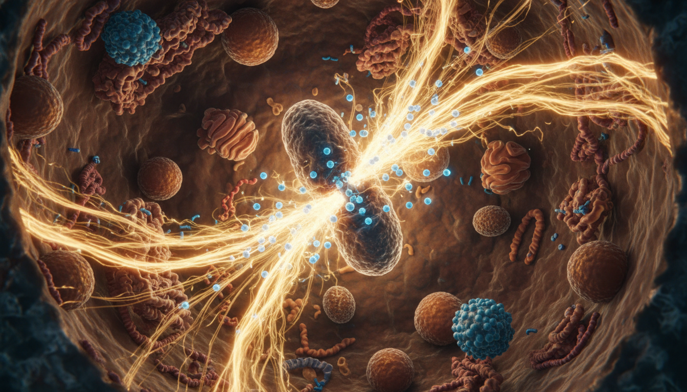 인체 세포 내부를 보여주는 사실적인 3D 의학 시각화 이미지. 빛나는 파란색 NAD+ 분자들이 미토콘드리아(세포의 발전소)로 들어가고 있으며, 미토콘드리아는 밝은 황금색 에너지(ATP)를 뿜어내고 있다. 노화된 세포가 활력을 되찾는 과정을 묘사한다. 조명은 역동적이며 에너지 폭발을 강조한다. 사실적인 질감, 현미경 뷰, 높은 대비.
