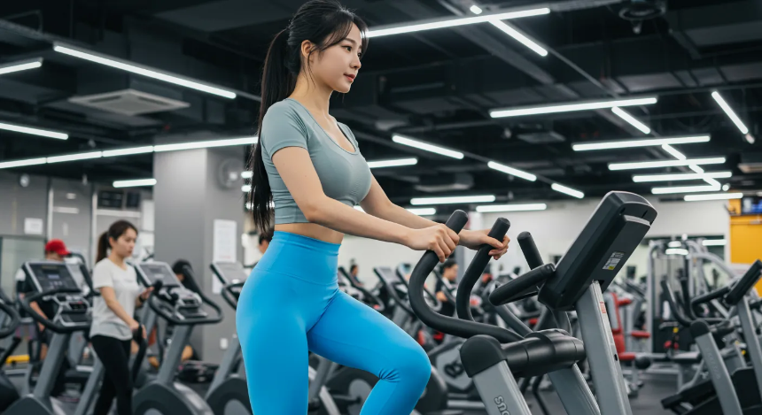 헬스장에서 유산소 운동을 하는 여자 이미지