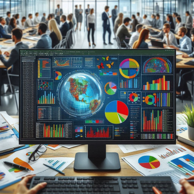 다양한 차트와 데이터가 표시된 화면을 분석하는 모습