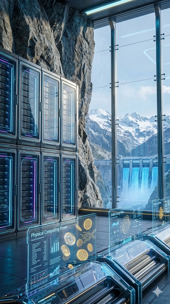 Inside a high-tech Tier-4 Data Center integrated with a Swiss mountain landscape.