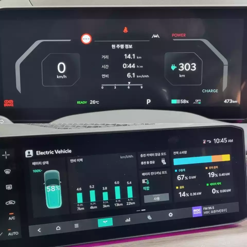 EV9 이륜 시승 중 기록된 주행 정보와 전비 이력입니다.