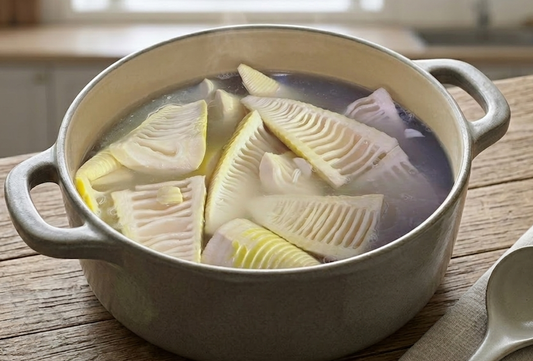 베이지색 세라믹 냄비 안에서 쌀뜨물에 담겨 김이 모락모락 나며 삶아지고 있는 손질된 죽순의 모습