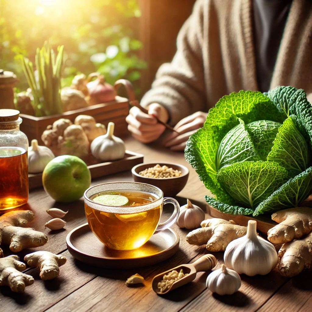 약 없이 위 건강 지키는 식습관 (자연요법, 식단조절, 민간요법)을 표현한 이미지