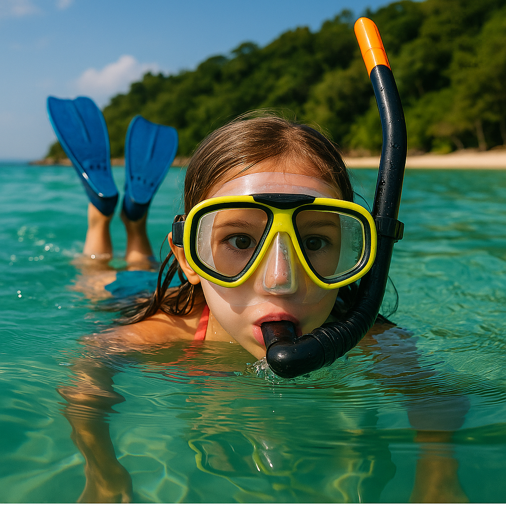 푸꾸옥 투명한 바다에서 노란 마스크를 쓴 아이의 스노클링 체험
