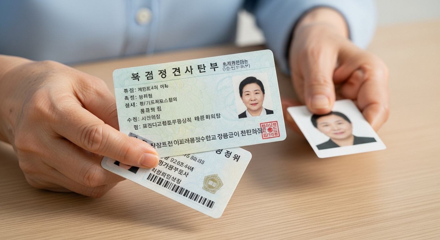 경로우대 카드 발급을 위해 신분증과 증명사진 등 서류를 준비하는 70대 한국인 여성의 손.