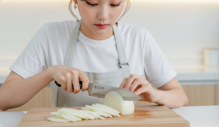 양파를 도마 위에서 0.5cm 두께로 가지런히 채 썰고 있는 모습