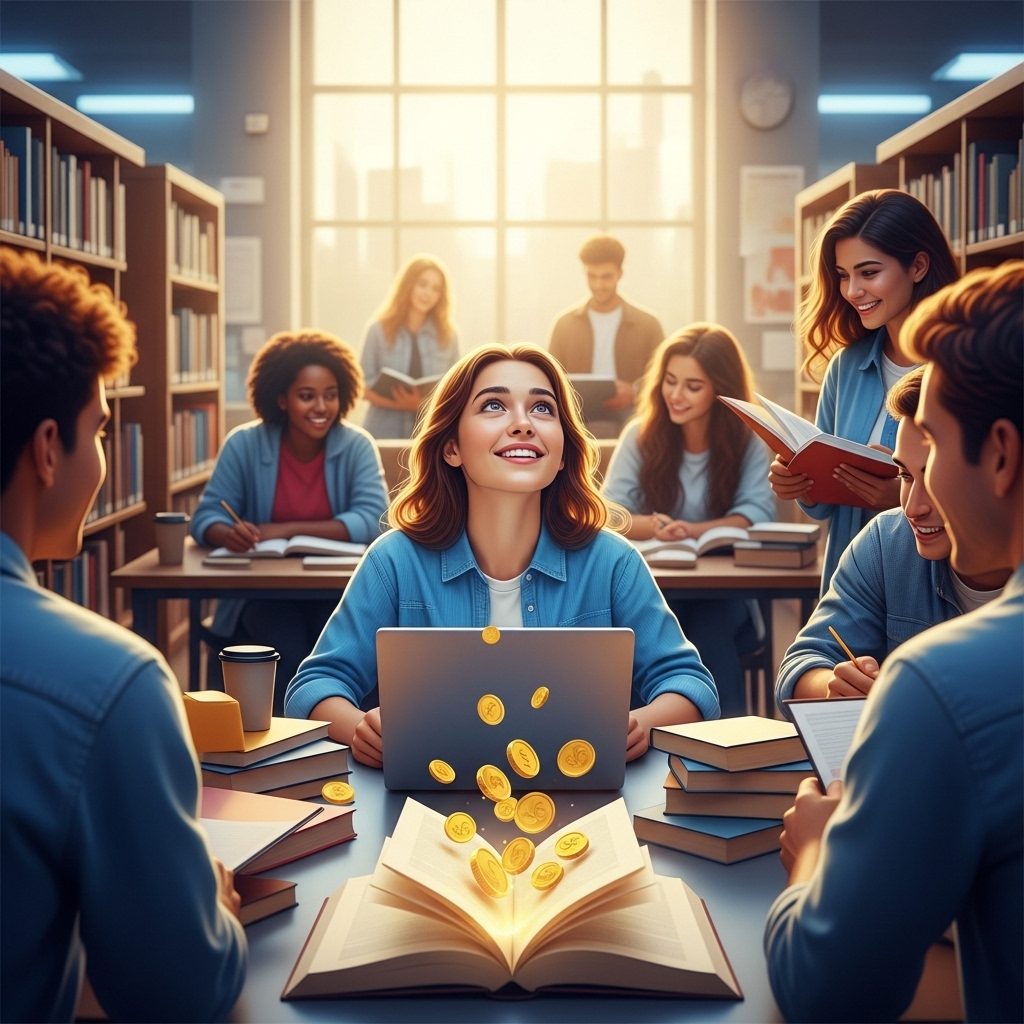 환한 미소를 짓는 대학생들이 현대적인 도서관에서 학업에 열중하며, 장학금으로 등록금 부담을 덜고 밝은 미래를 꿈꾸는 모습을 상징하는 이미지.