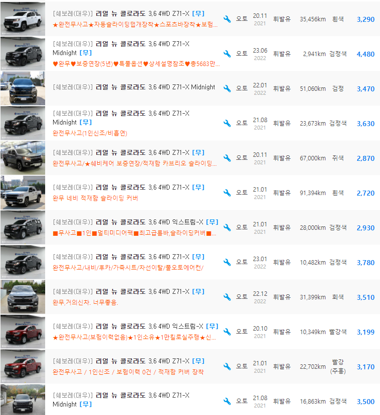 리얼 뉴 콜로라도 중고차 가격 : 2,720만원 ~ 4,480만원