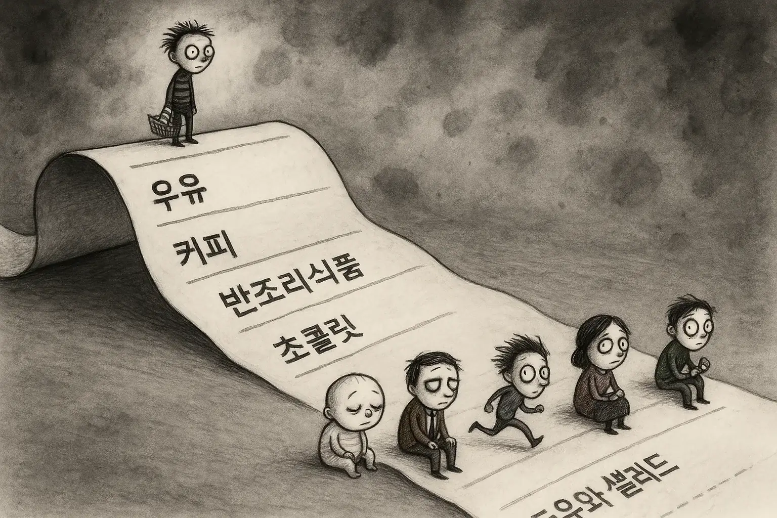 팀 버튼 스타일의 감정 표현 캐릭터들이 마트 영수증 항목 위에 앉아 각기 다른 감정을 나타내는 장면