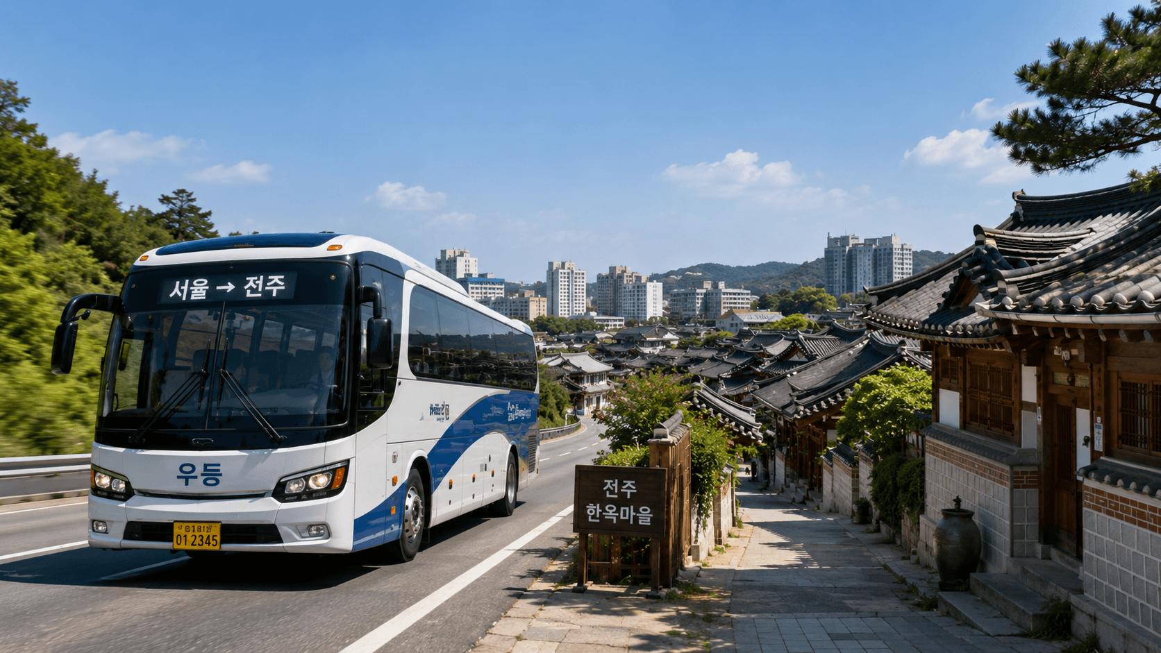 서울에서 전주 고속버스와 전주 한옥마을 전경