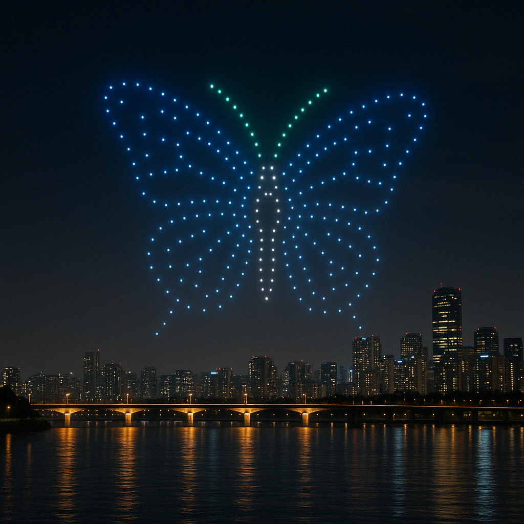 서울의 야경을 배경으로 떠 있는 드론 아트