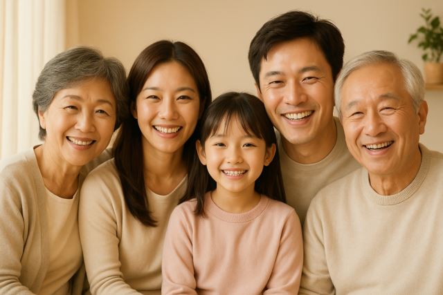 따뜻한 분위기의 가족(엄마, 아빠, 자녀/조부모, 손주 등)이 함께 미소 짓는 모습 이미지