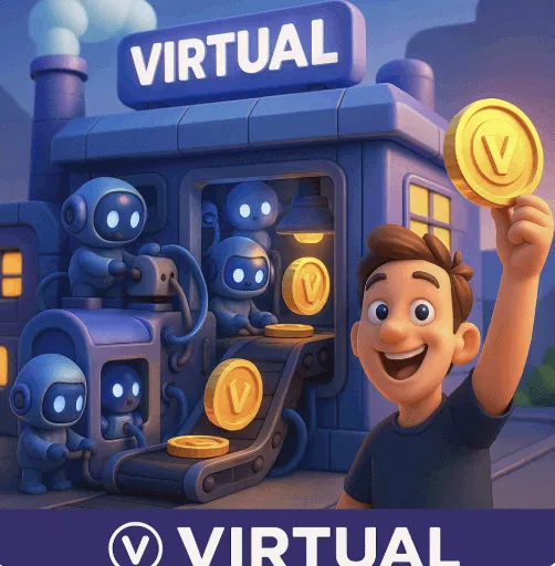 작은 로봇 AI 캐릭터들이 공장에서 코인을 생산하고, 한 유저가 기쁘게 $VIRTUAL 토큰을 들고 있는 모습의 대표 이미지.
이 이미지는 AI 에이전트의 생성과 VIRTUAL 토큰 수익화 구조를 시각적으로 설명하며, 블로그의 주제인 버추얼 프로토콜과 AI 코인 생태계와 관련된 내용을 전달함 (virtuals ai coin agent web3 factory)