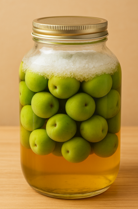 매실청이 유리병에 담겨 있는 모습