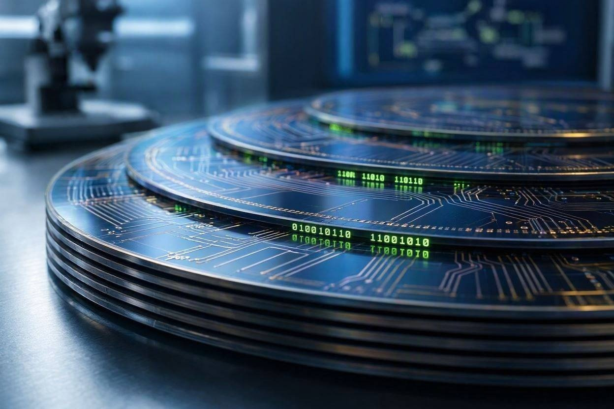 Close-up of advanced high-bandwidth memory semiconductor silicon wafers with glowing circuit patterns.