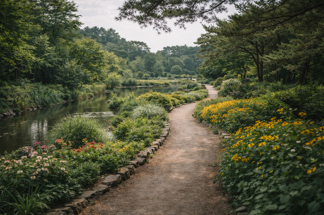 청산수목원의 정원길과 연못, 꽃들이 차분하게 이어지는 모습