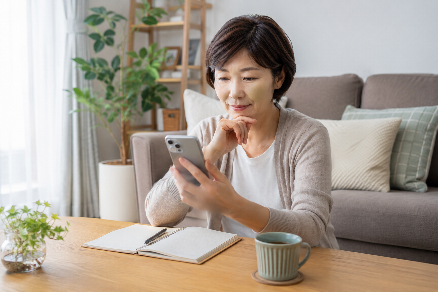 당근마켓 재능판매 부업을 시작하기 위해 게시글과 수익 구조를 확인하는 중장년 여성 모습