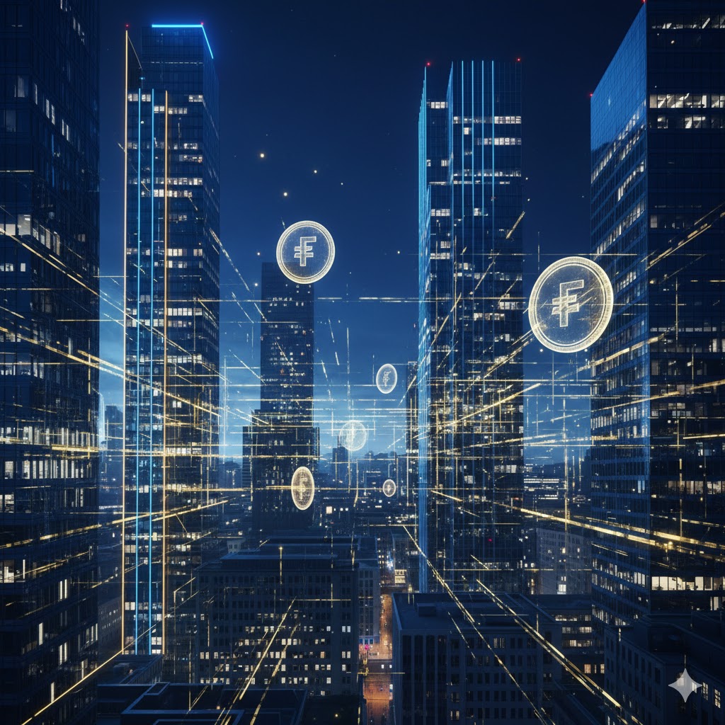 [Ultra-modern, high-tech digital 3D visualization of Zurich's financial district at night. Golden data streams and holographic Swiss Franc (CHF) floating among sleek glass skyscrapers. Pure professional financial aesthetic, 2026 digital sovereignty.]