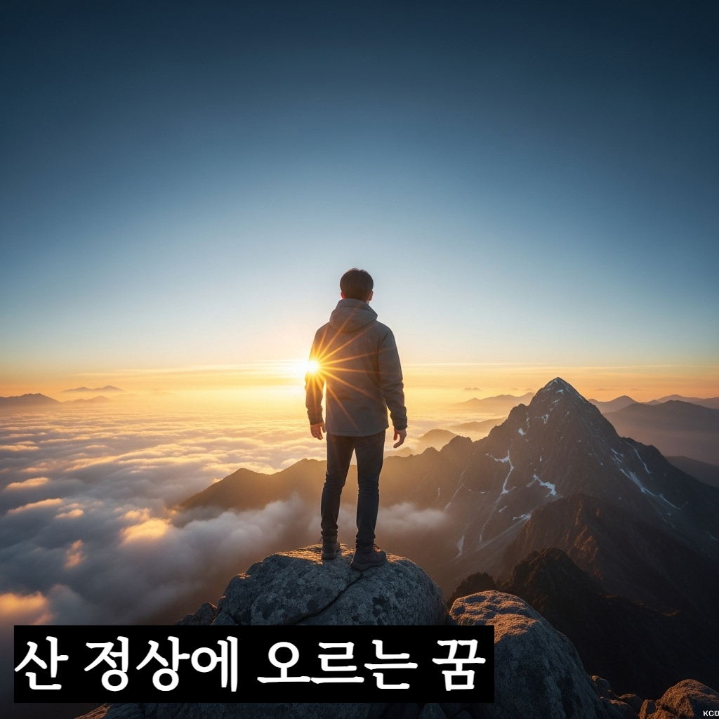 구름 위로 솟은 산 정상에서 장엄한 일출을 바라보며 승리의 포효를 내지르는 현대적인 한국인 등산가의 당당한 모습