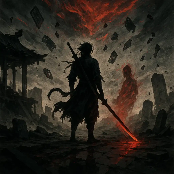 날리는 카드 조각과 붉은 빛을 머금은 칼끝이 긴장감을 더하는 일러스트