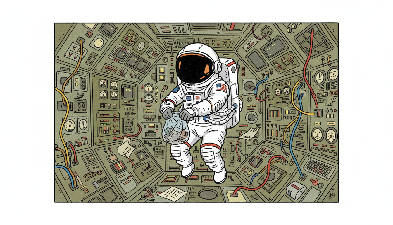 아폴로 우주선 내부의 열악한 오물 수거용 비닐