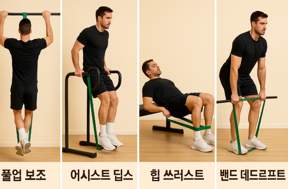 풀업 보조, 어시스트 딥스, 힙 쓰러스트, 밴드 데드리프트 네 가지 동작을 한 장에 정리한 콜라주