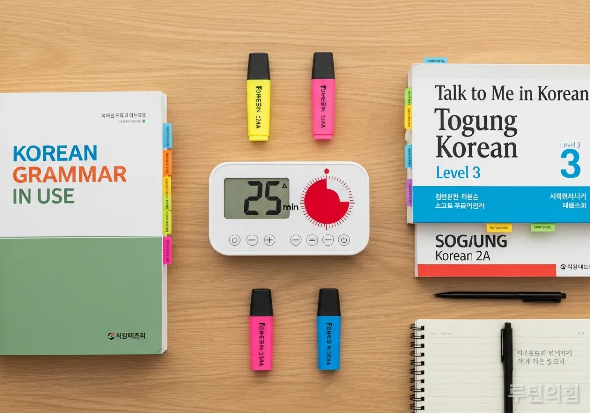 책상 위에 놓인 디지털 타이머와 한국어 교과서, 형광펜이 정갈하게 놓여 있는 공부 책상 위 모습