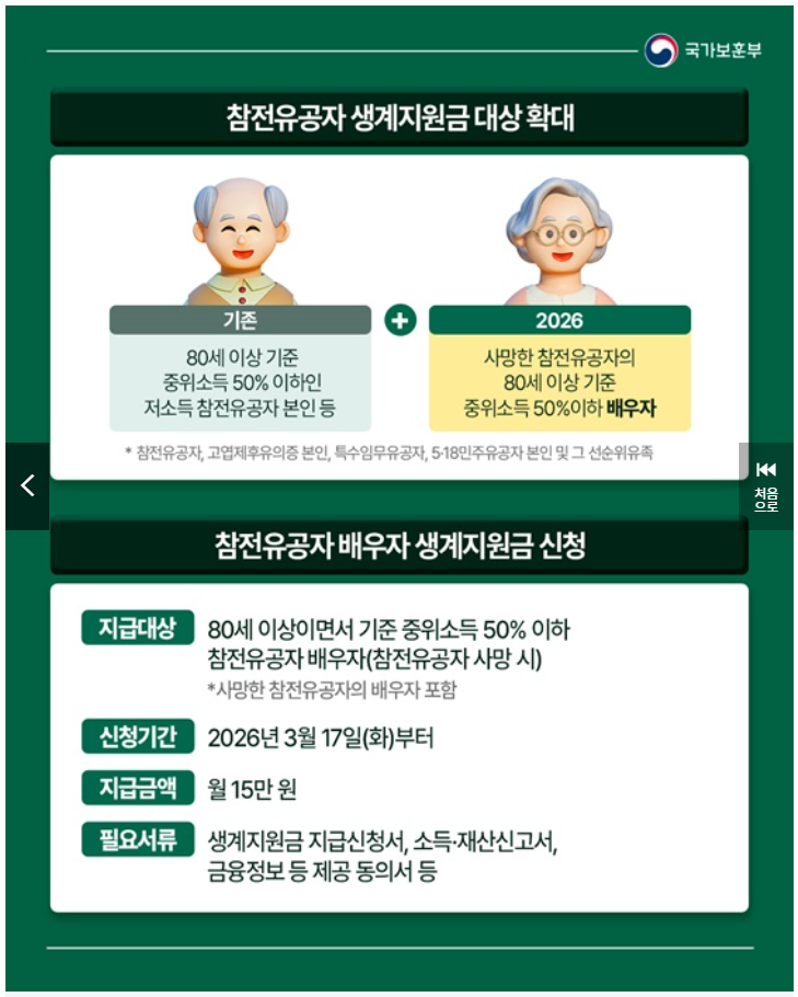 참전유공자 배우자 생계지원금 월 15만원 — 신청방법·대상·서류 총정리 (2026년 3월 시행)