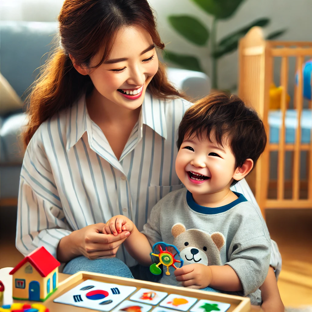 전문가가 엉어 치료 수업에서 아이와 놀이하며 즐겁게 소통하는 모습