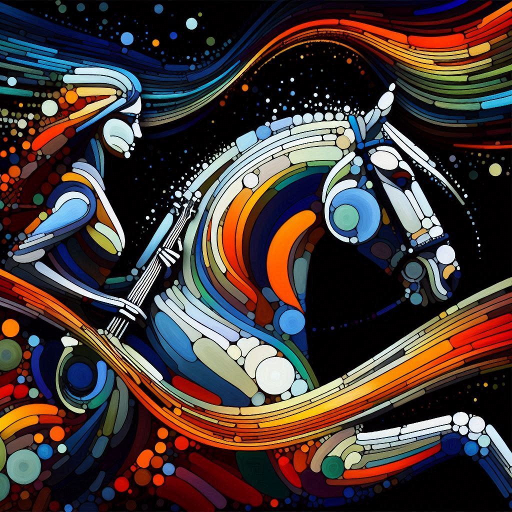 추상적 음악가와 말&amp;#44; 강렬한 색채 대비&amp;#44; 조각난 형태&amp;#44; 다시점 표현&amp;#44; 169 비율4