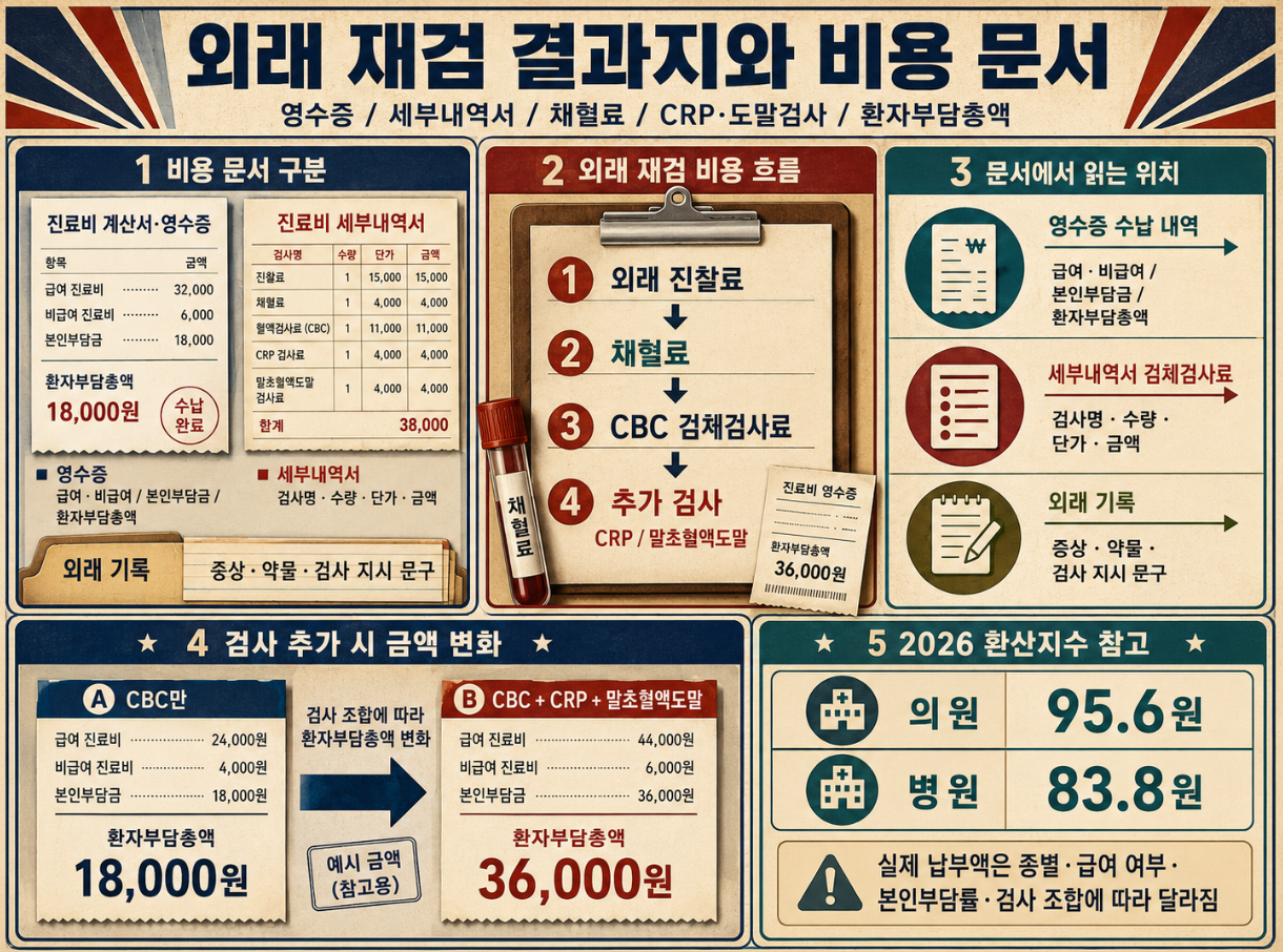 외래 재검 결과지와 비용 문서의 차이, 영수증과 세부내역서 읽는 위치, 채혈료·CBC·CRP·말초혈액도말 추가 시 환자부담총액 변화를 정리한 인포그래픽