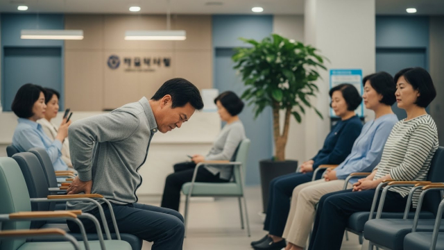 병원 대기실에서 허리를 짚고 앉아 있는 사람들 모습 