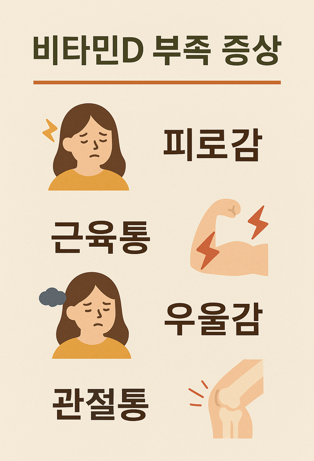 "비타민D 부족의 주요 증상인 피로감, 근육통, 우울감, 관절통을 시각적으로 정리한 한글 인포그래픽"