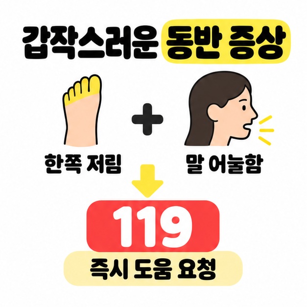갑작스러운 한쪽 저림과 말 어눌함이 함께 나타날 때 119로 즉시 도움을 요청하도록 안내한 도식