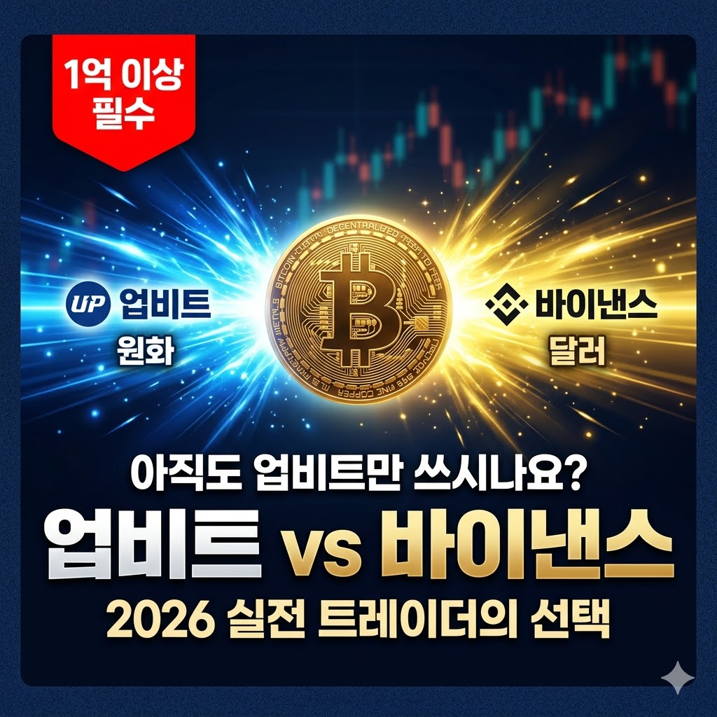2026년 전문 트레이더를 위한 업비트와 바이낸스 거래소 심층 비교 썸네일 이미지. 중앙의 황금색 비트코인을 중심으로 좌측의 파란색 원화(업비트) 에너지와 우측의 노란색 달러(바이낸스) 에너지가 충돌하는 긴장감 넘치는 디자인입니다. 상단에는 '1억 이상 필수'라는 붉은색 배지가 삽입되어 있으며, 중앙에 '아직도 업비트만 쓰시나요? 업비트 vs 바이낸스'라는 강력한 클릭 유도 문구가 배치되어 트레이딩 전략의 차이점을 시각적으로 강조합니다