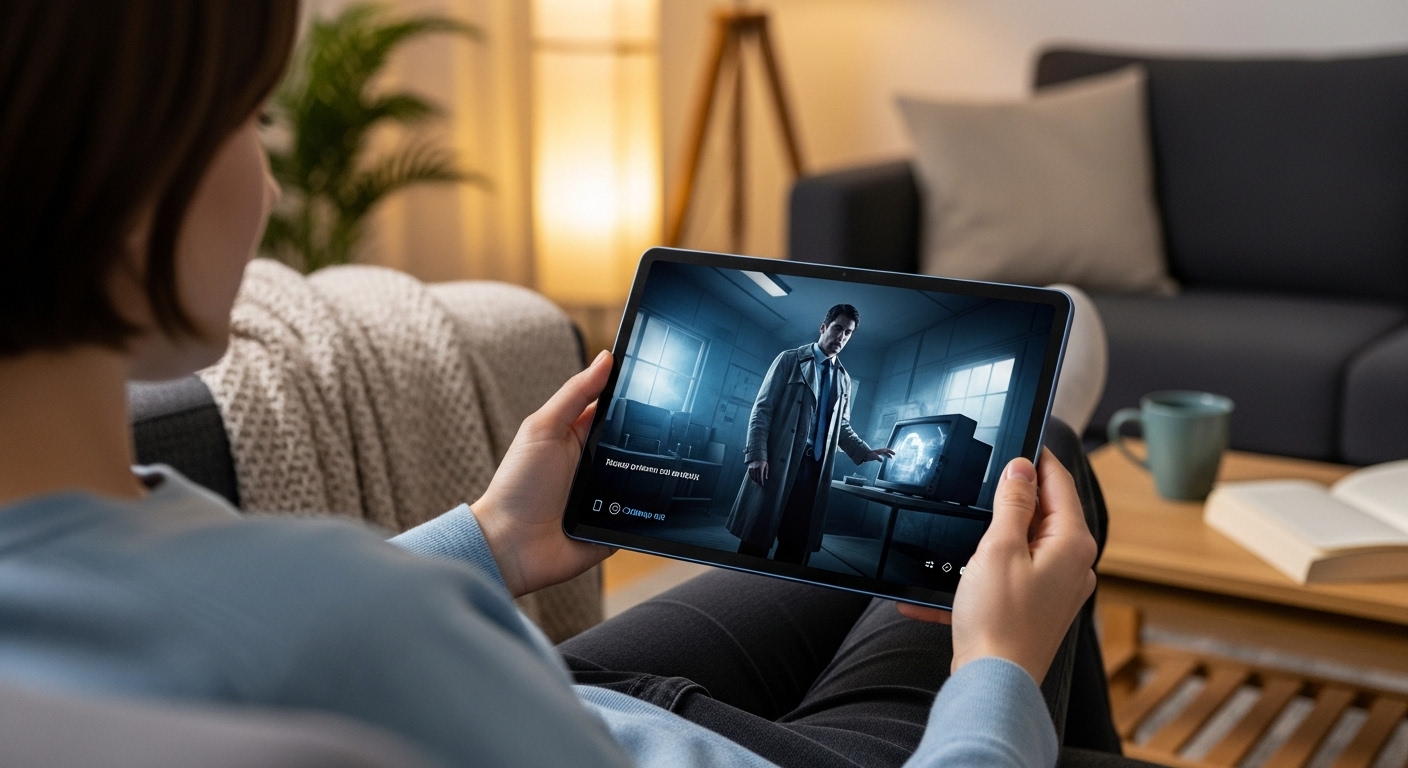 소파에 앉아 블루그레이 태블릿으로 영상을 시청하는 사람의 모습, 선명한 화면이 인상적이다.