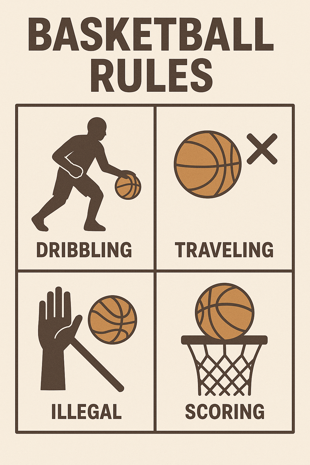 농구 기본 규칙 포스터 &ndash; 드리블, 트래블링, 반칙, 득점 시각적 설명
