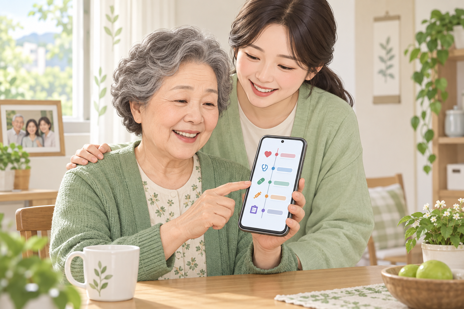 스마트폰으로 진료 기록을 확인하는 중년 여성 일러스트