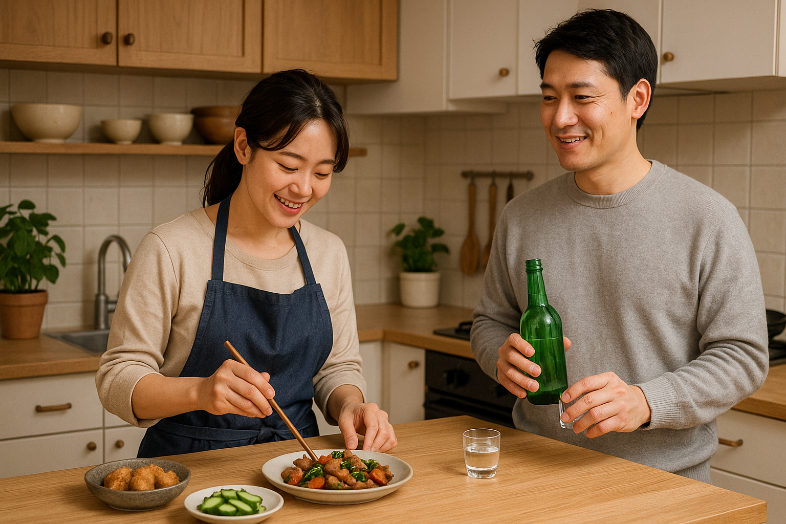 안주를 준비하는 부인과 소주를 준비하는 남편