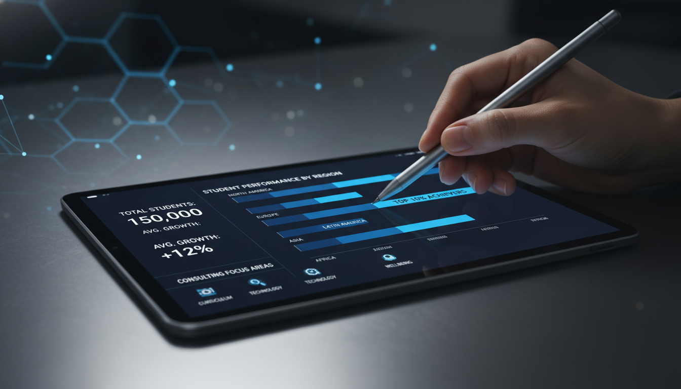 태블릿에 띄워진 5등급제 누적 백분위 데이터와 상위 10% 기준을 분석하는 모습