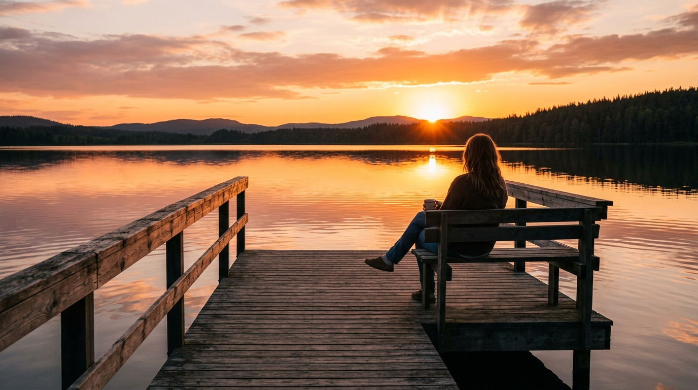 거친 시장의 파도를 넘어 평화로운 은퇴의 항구에 도착해 여유롭게 일몰을 감상하는 투자자의 뒷모습