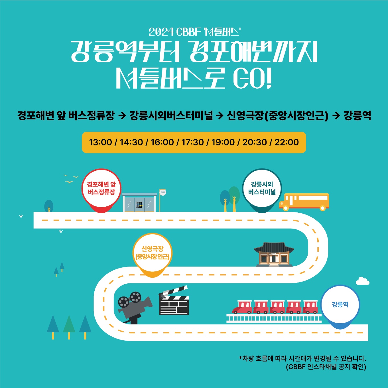 강릉역에서 경포까지 운행하는 셔트버스 시간과 경유지를 표시한 그림이다.