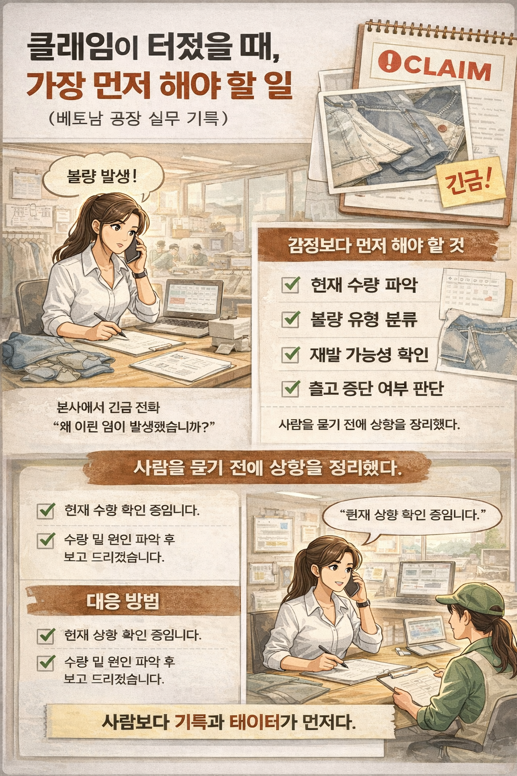좋다.
8편 이미지용 TXT 형식으로 정리해준다. 그대로 복붙하면 된다.
📌 ALT
베트남 의류 공장에서 클레임 발생 후 여성 관리자가 수량과 불량 유형을 확인하며 대응하는 장면 일러스트