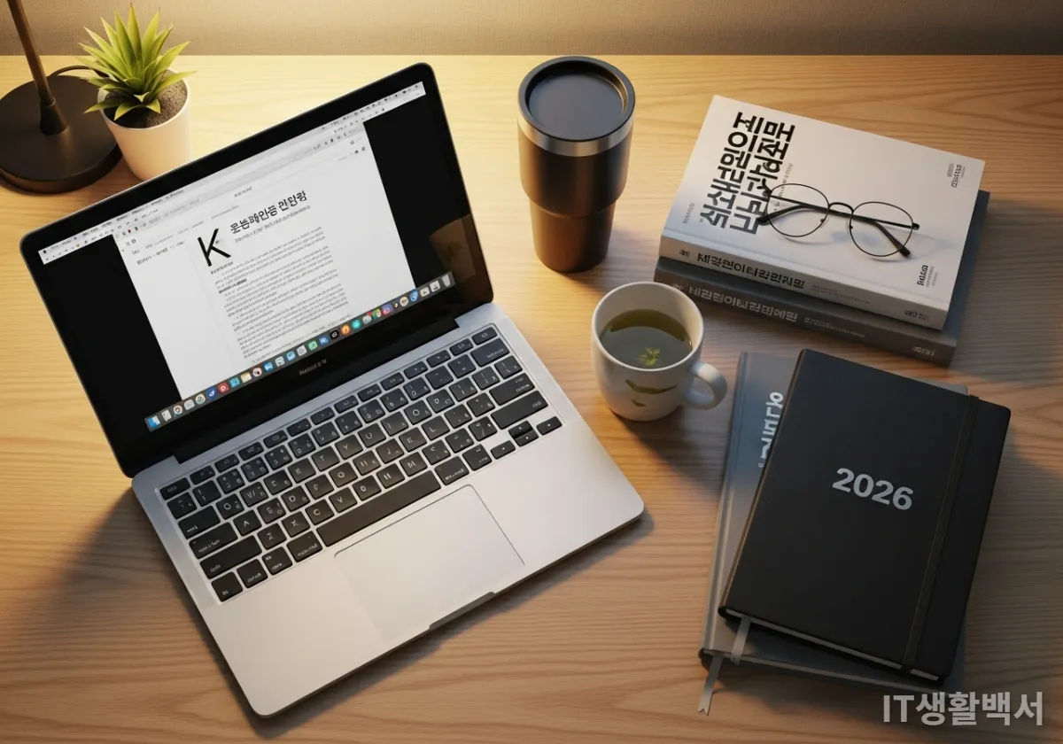2026년 한국 대학생의 책상 위 노트북과 공부 용품들이 놓인 감성적인 모습