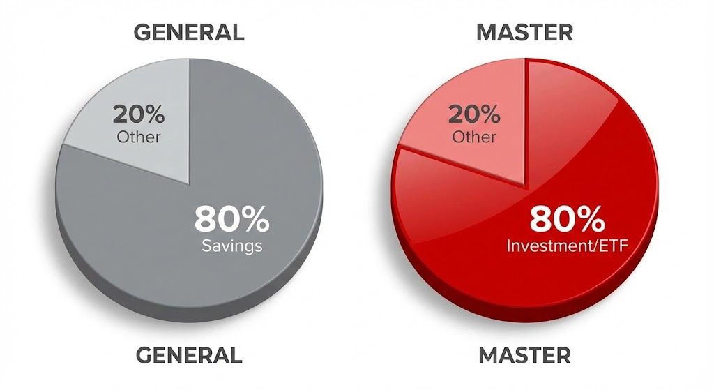 일반인 vs 고수의 자산 배분 파이 차트 비교 이미지